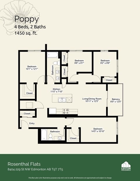 Floor plan for 4 beds, 2 baths, 1534 sqft